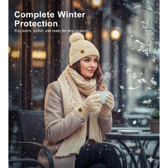 Winter Knit Hat Scarf Gloves Set Touchscreen Ear Warmer Unisex Cozy Warm - Picture 6 of 7